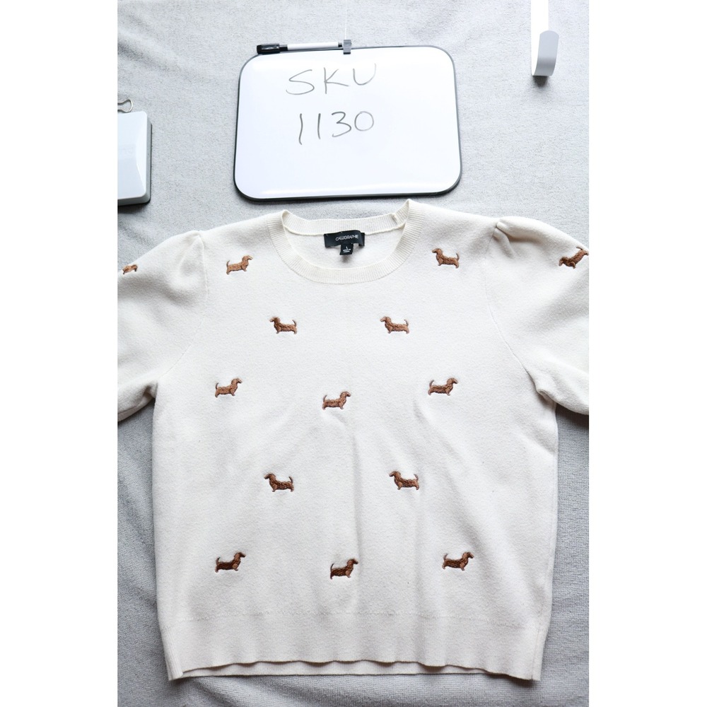 Calligraphie Sweater Womens Large Cream Dachshund Dog Embroidered Short Sleeve